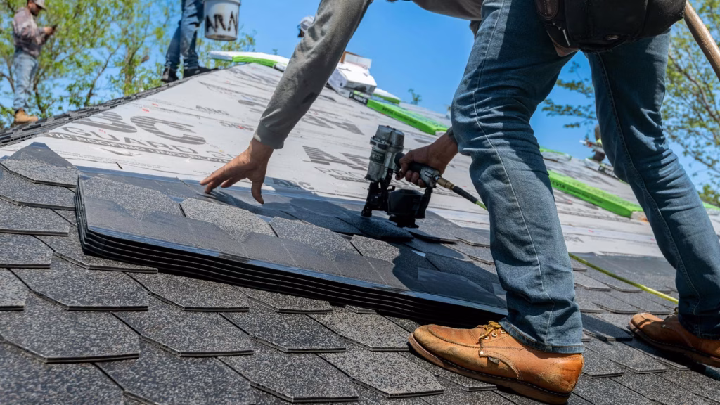 Roofing contractor installing asphalt shingles on a sloped residential roof using a nail gun during a roof replacement project.