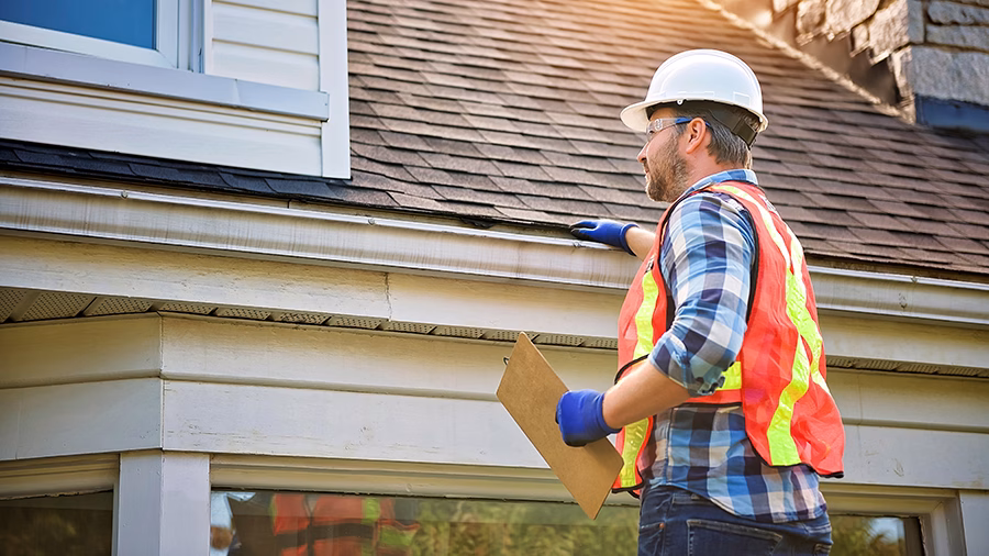 Man with hard hat standing on steps inspecting house roof .